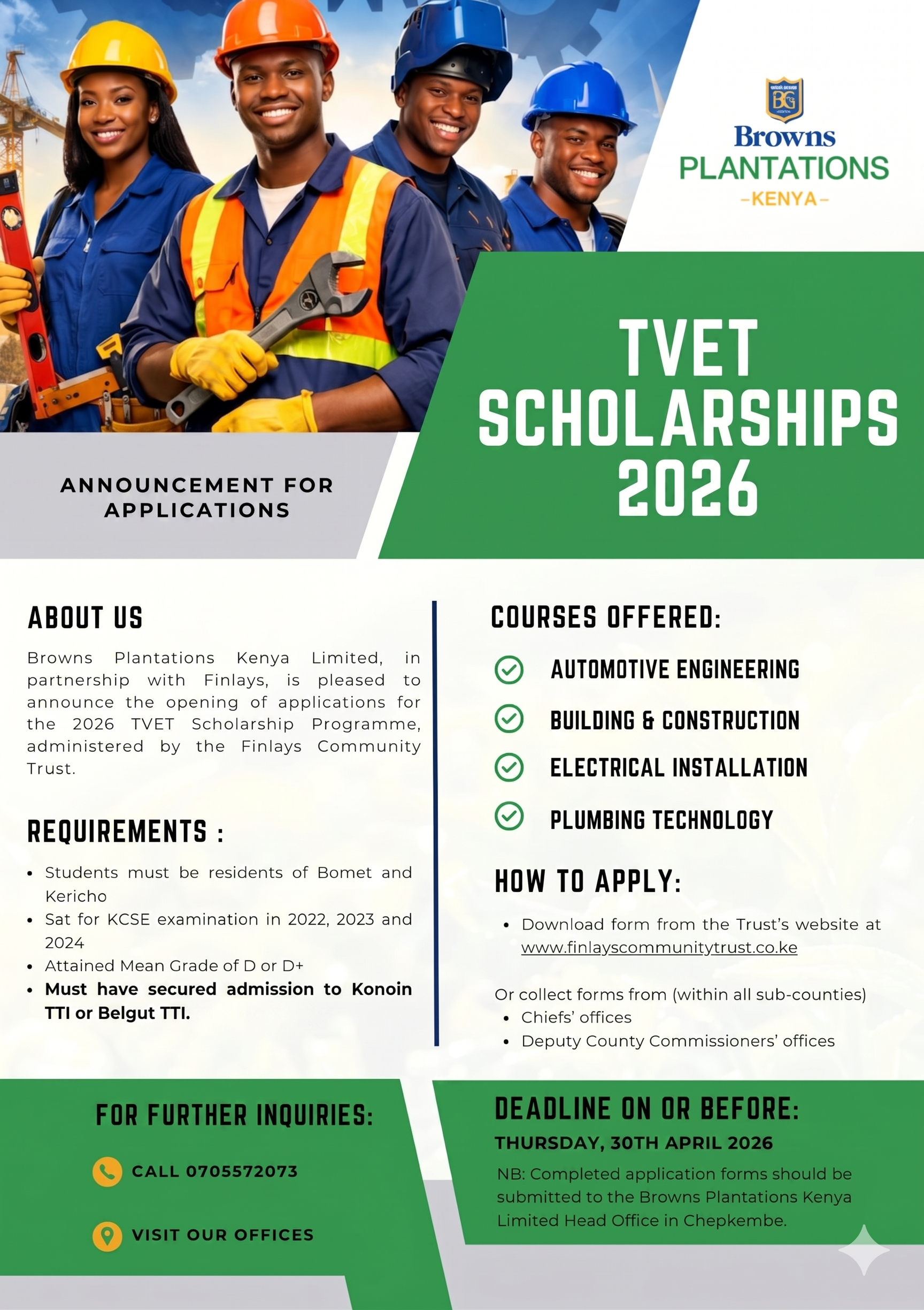 Read more about the article Finlays Community Trust TVET Scholarship 2026 – Applications Open for KCSE D & D+ Students in Bomet and Kericho